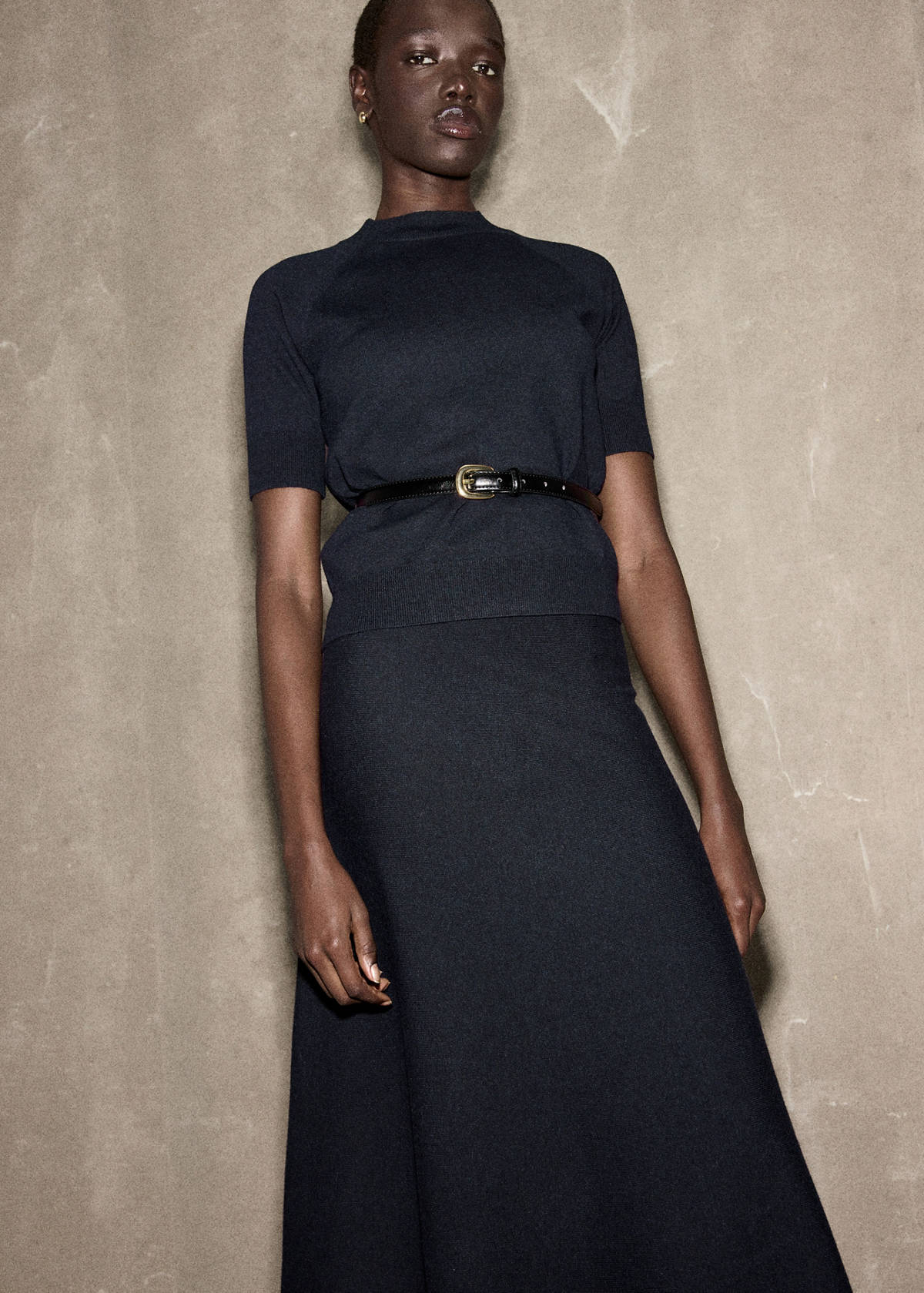 Short-sleeved wool-blend sweater — Navy