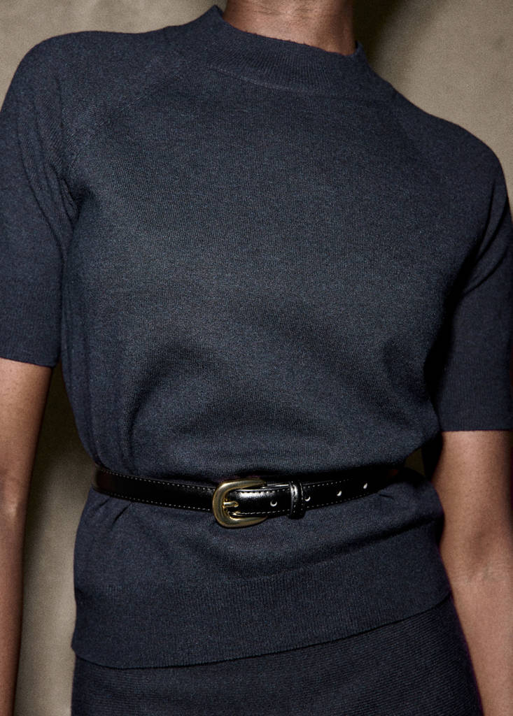 Short-sleeved wool-blend sweater — Navy