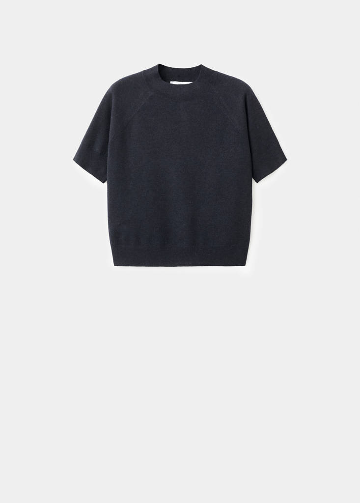 Short-sleeved wool-blend sweater — Navy