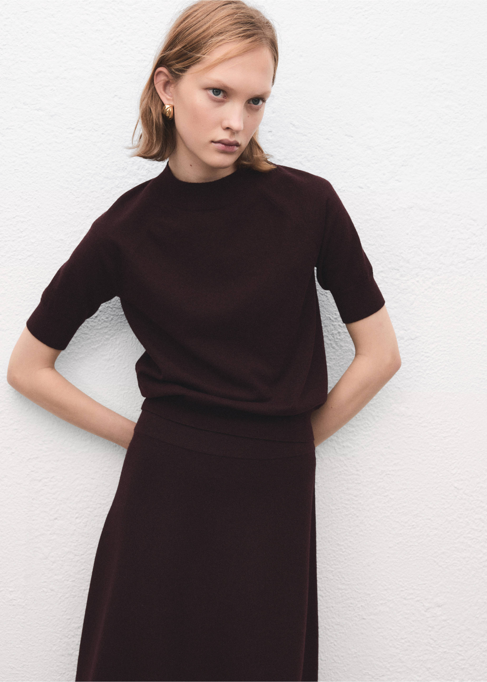 Short-sleeved wool-blend sweater - Medium plane, Wine. Ref: 17007784-00.