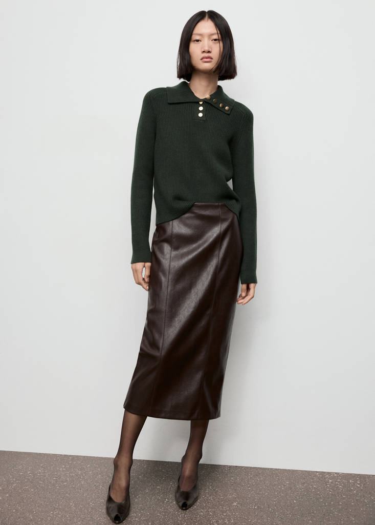 Ribbed polo-neck sweater with buttons — Dark Green