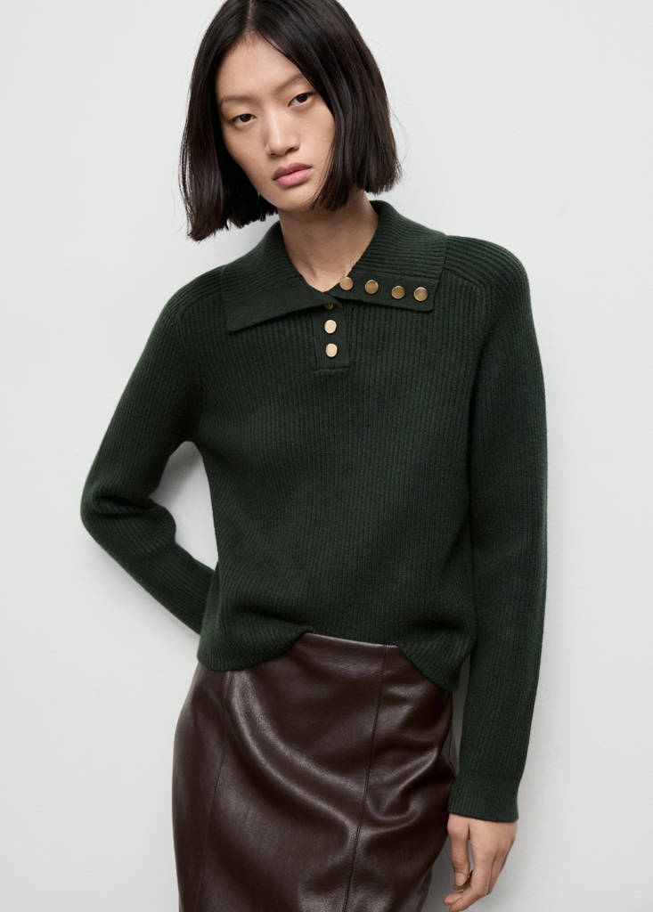 Ribbed polo-neck sweater with buttons — Dark Green
