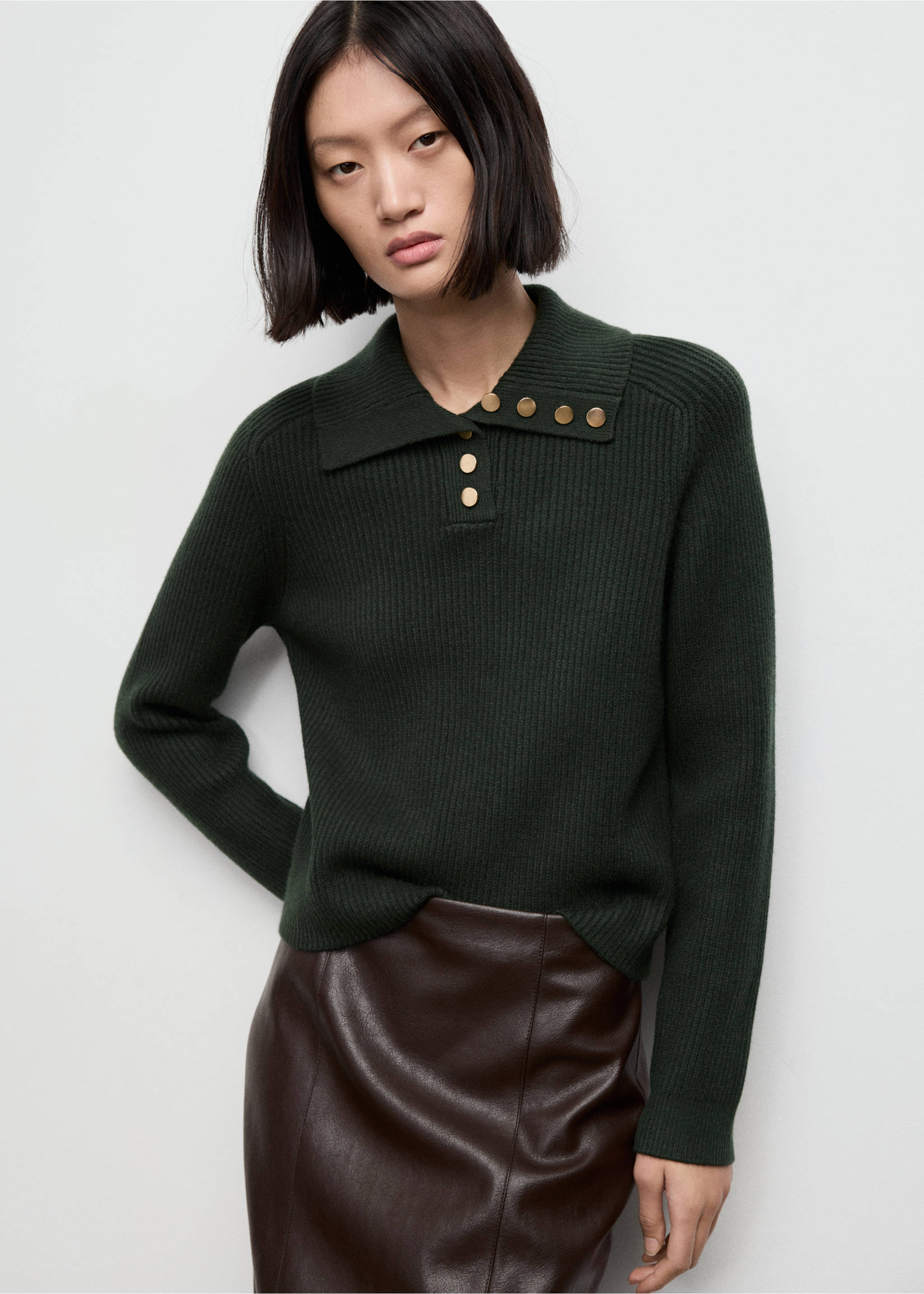 Ribbed polo-neck sweater with buttons - Medium plane, Dark Green. Ref: 17007786-00.