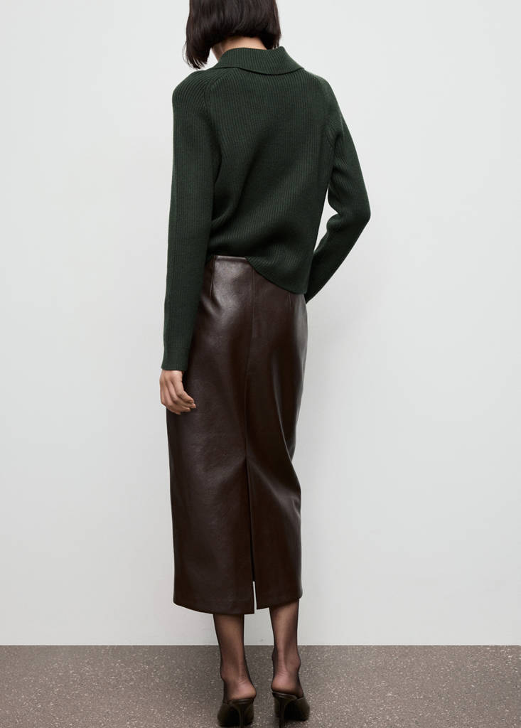 Ribbed polo-neck sweater with buttons — Dark Green