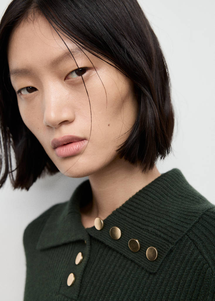 Ribbed polo-neck sweater with buttons — Dark Green