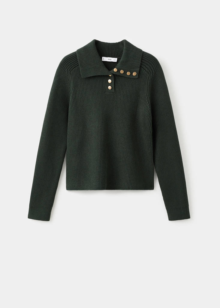 Ribbed polo-neck sweater with buttons — Dark Green
