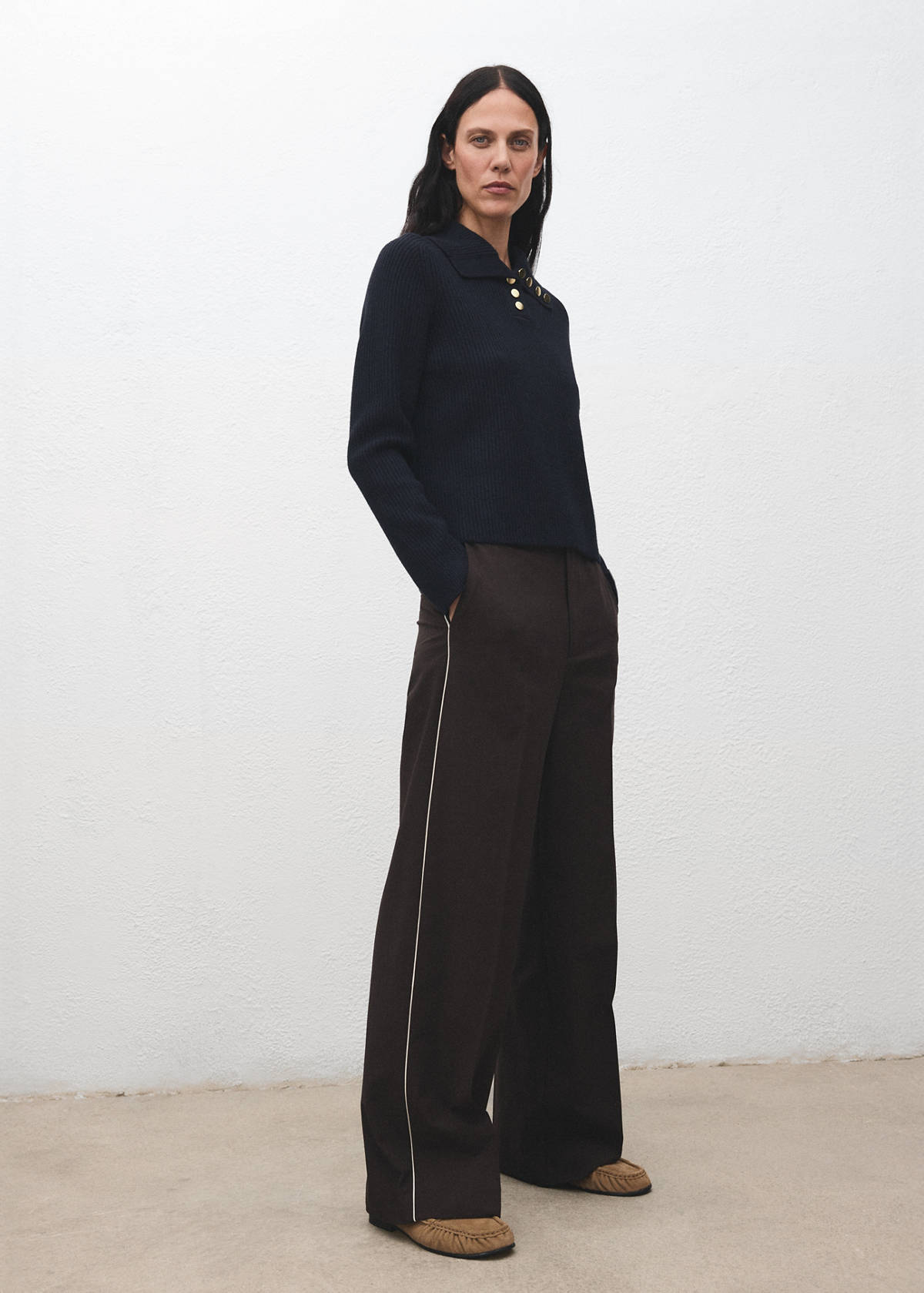 Ribbed polo-neck sweater with buttons — Dark Navy