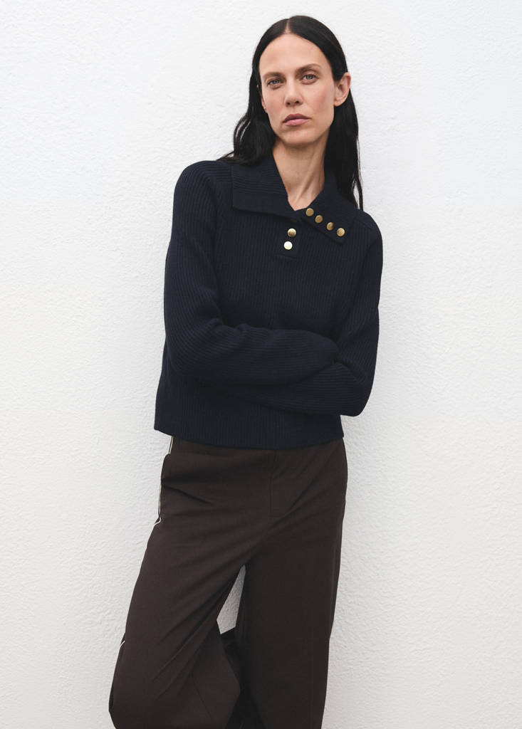 Ribbed polo-neck sweater with buttons — Dark Navy