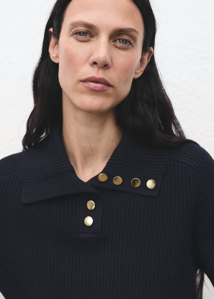 Ribbed polo-neck sweater with buttons — Dark Navy