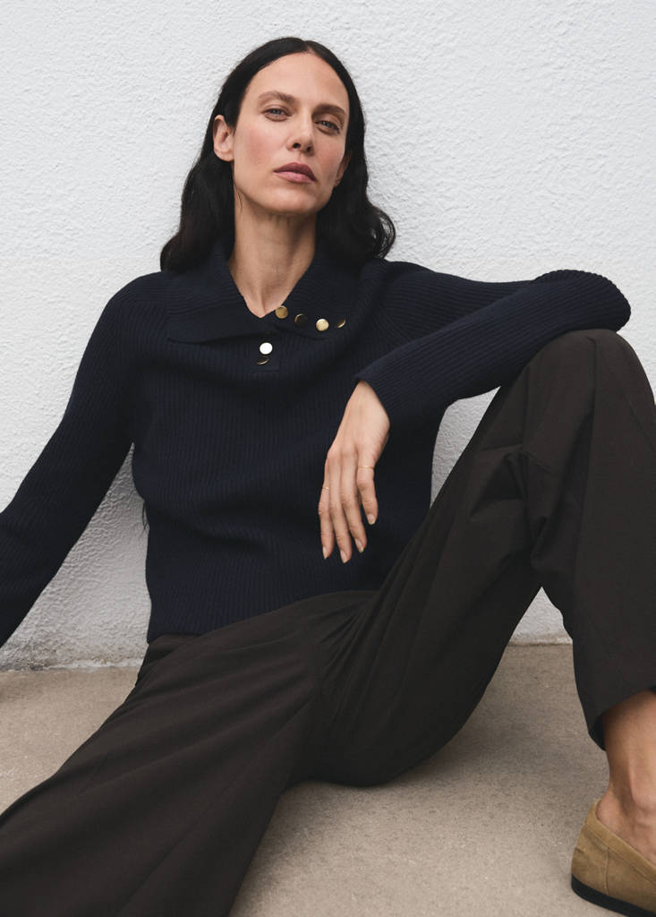 Ribbed polo-neck sweater with buttons — Dark Navy
