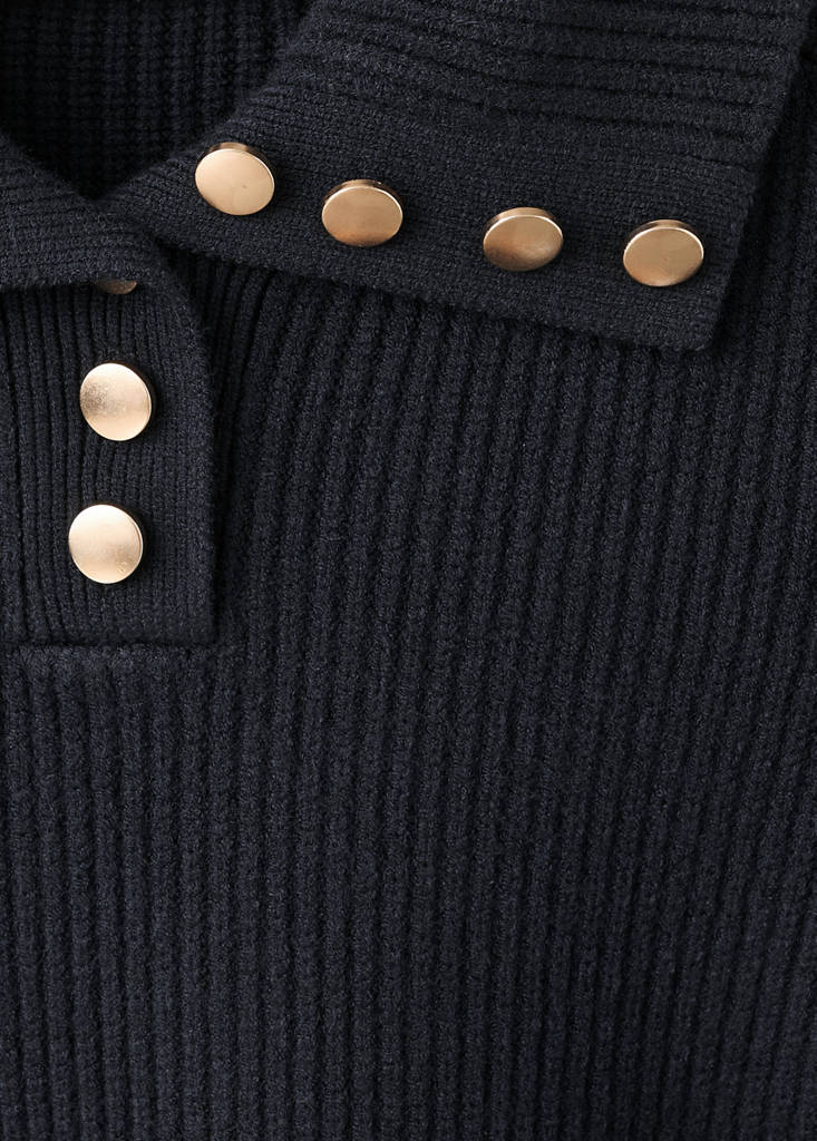 Ribbed polo-neck sweater with buttons — Dark Navy