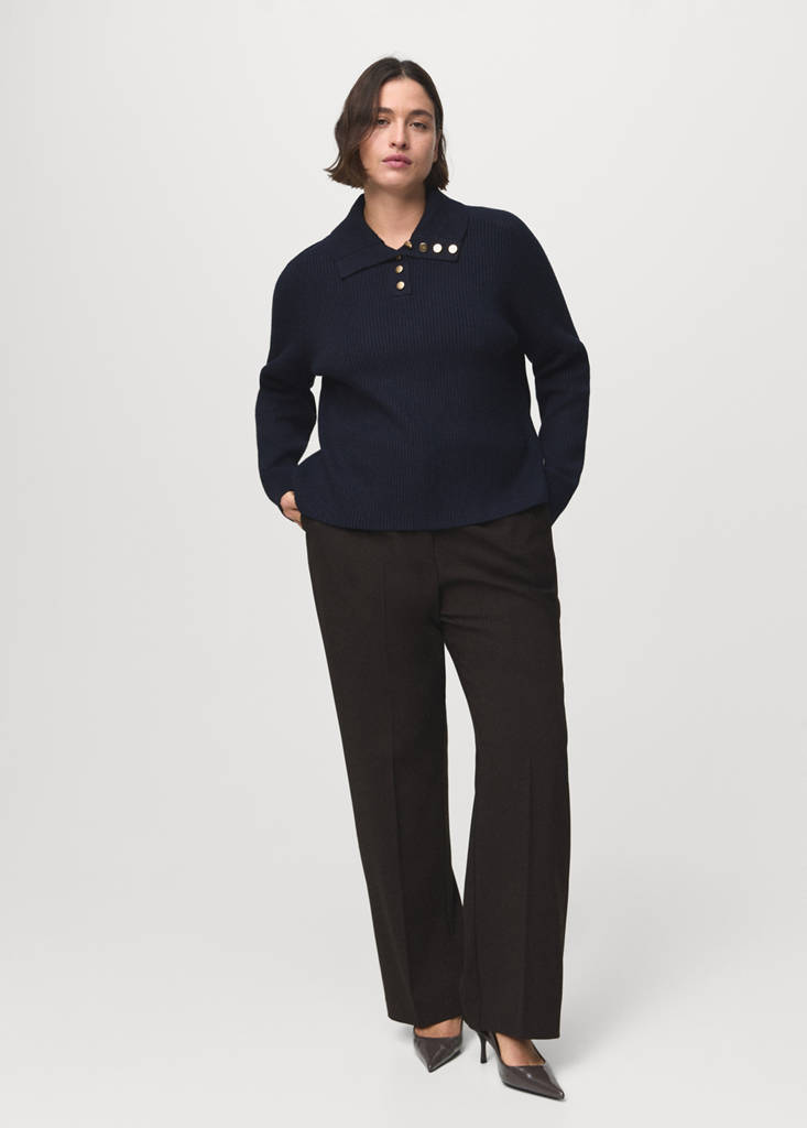 Ribbed polo-neck sweater with buttons — Dark Navy