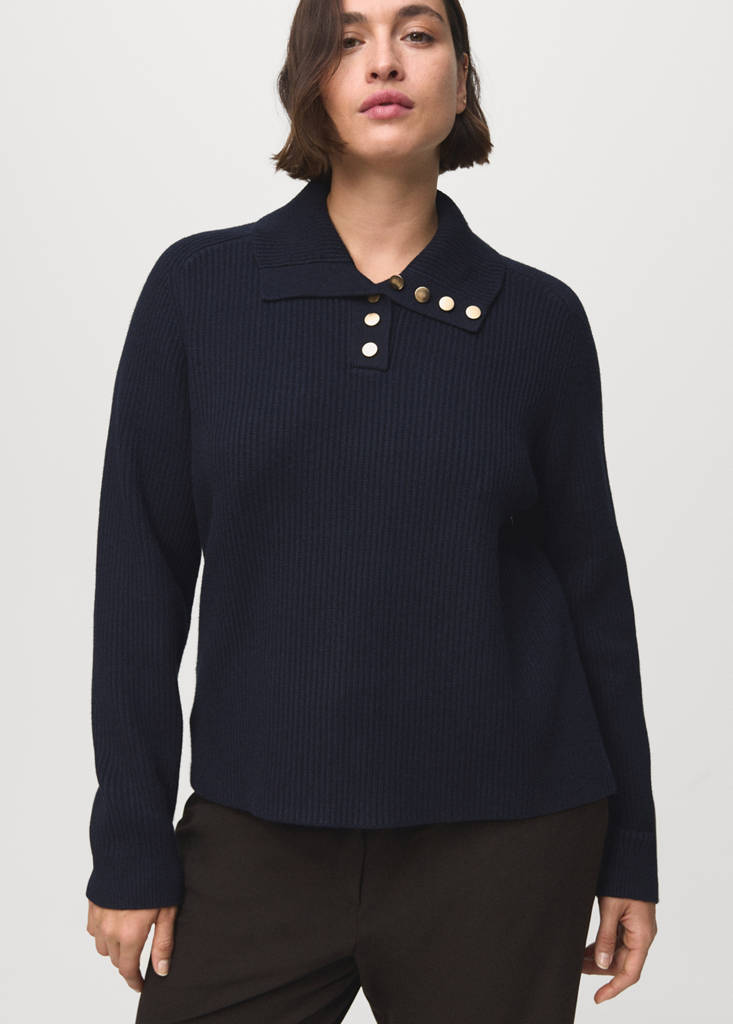Ribbed polo-neck sweater with buttons — Dark Navy