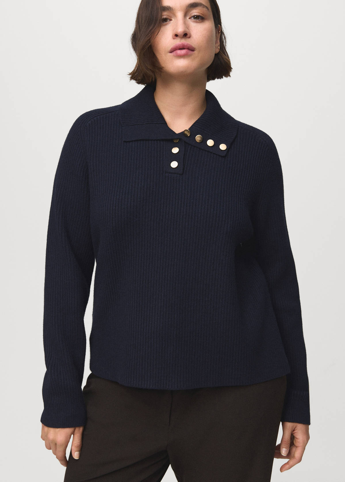 Ribbed polo-neck sweater with buttons — Dark Navy
