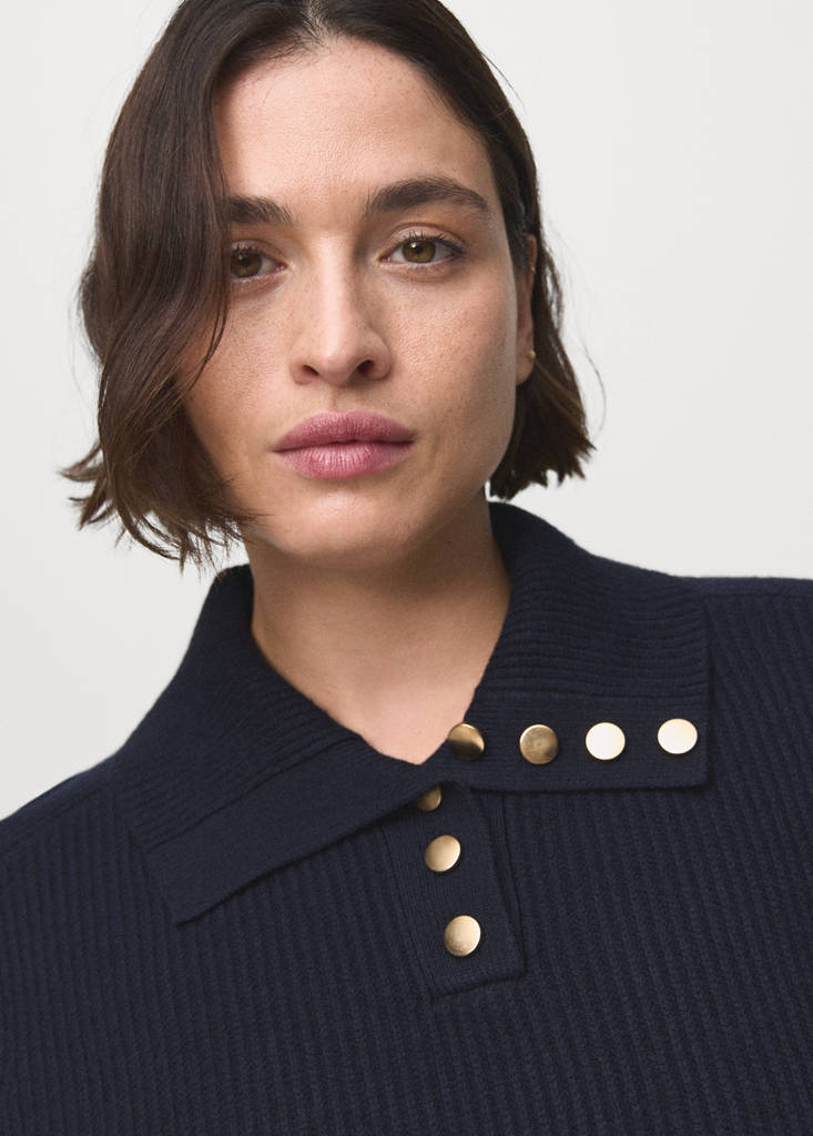 Ribbed polo-neck sweater with buttons — Dark Navy