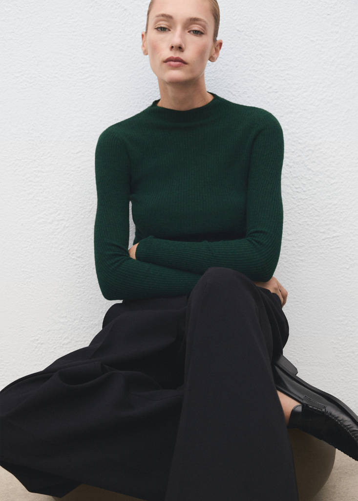 Ribbed sweater with perkins neck — Dark Green