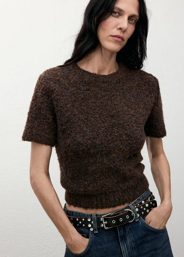Bouclé short-sleeved sweater — Chocolate