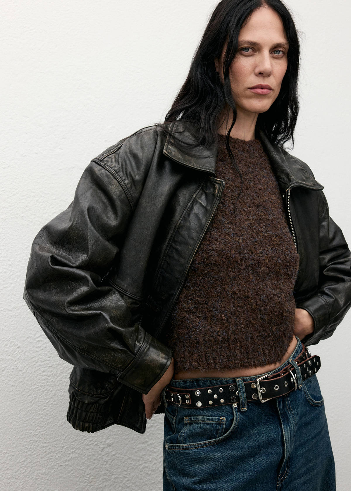 Bouclé short-sleeved sweater — Chocolate
