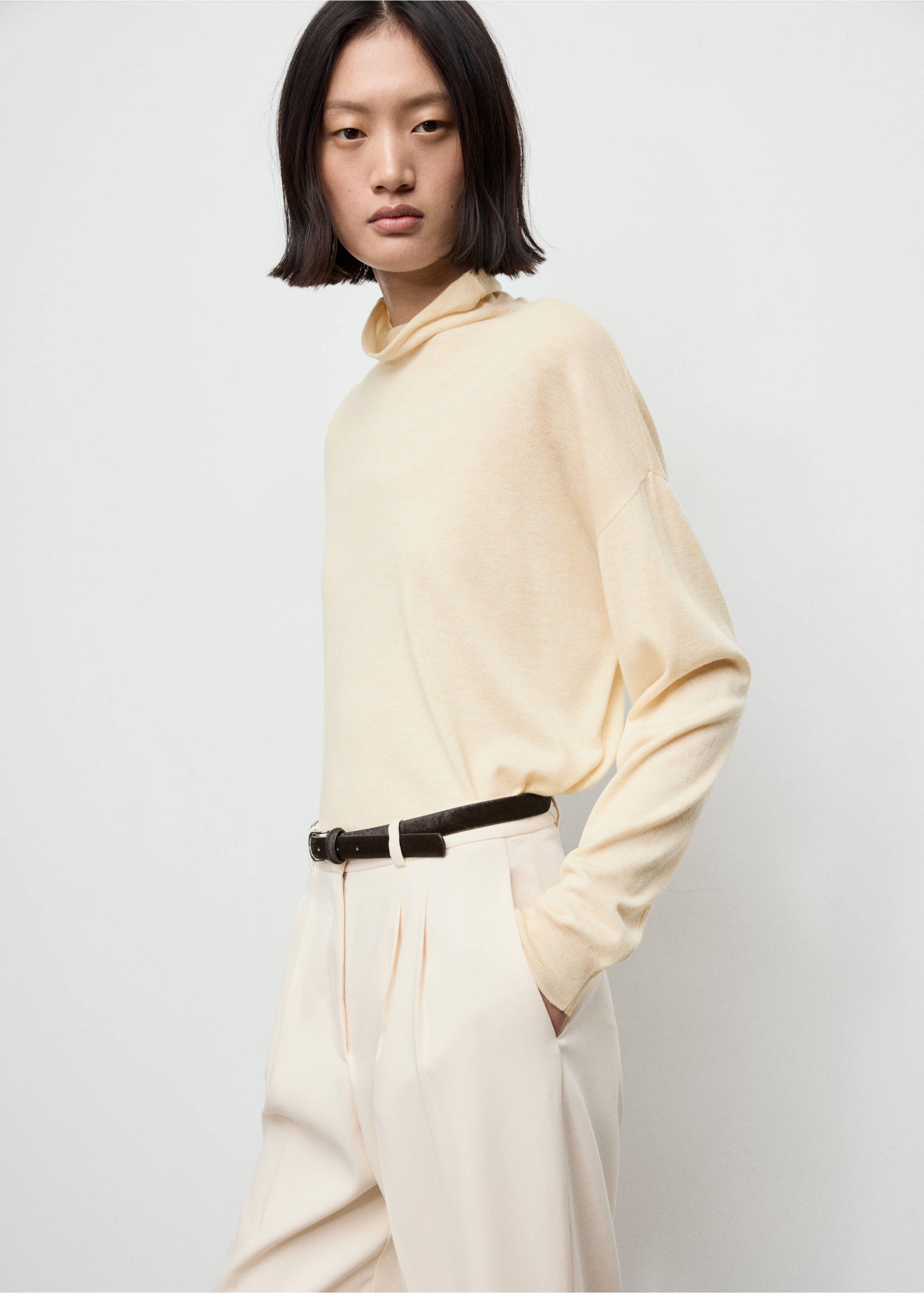 Cable-knit turtleneck sweater - Medium plane, Pastel Yellow. Ref: 17007819-00.