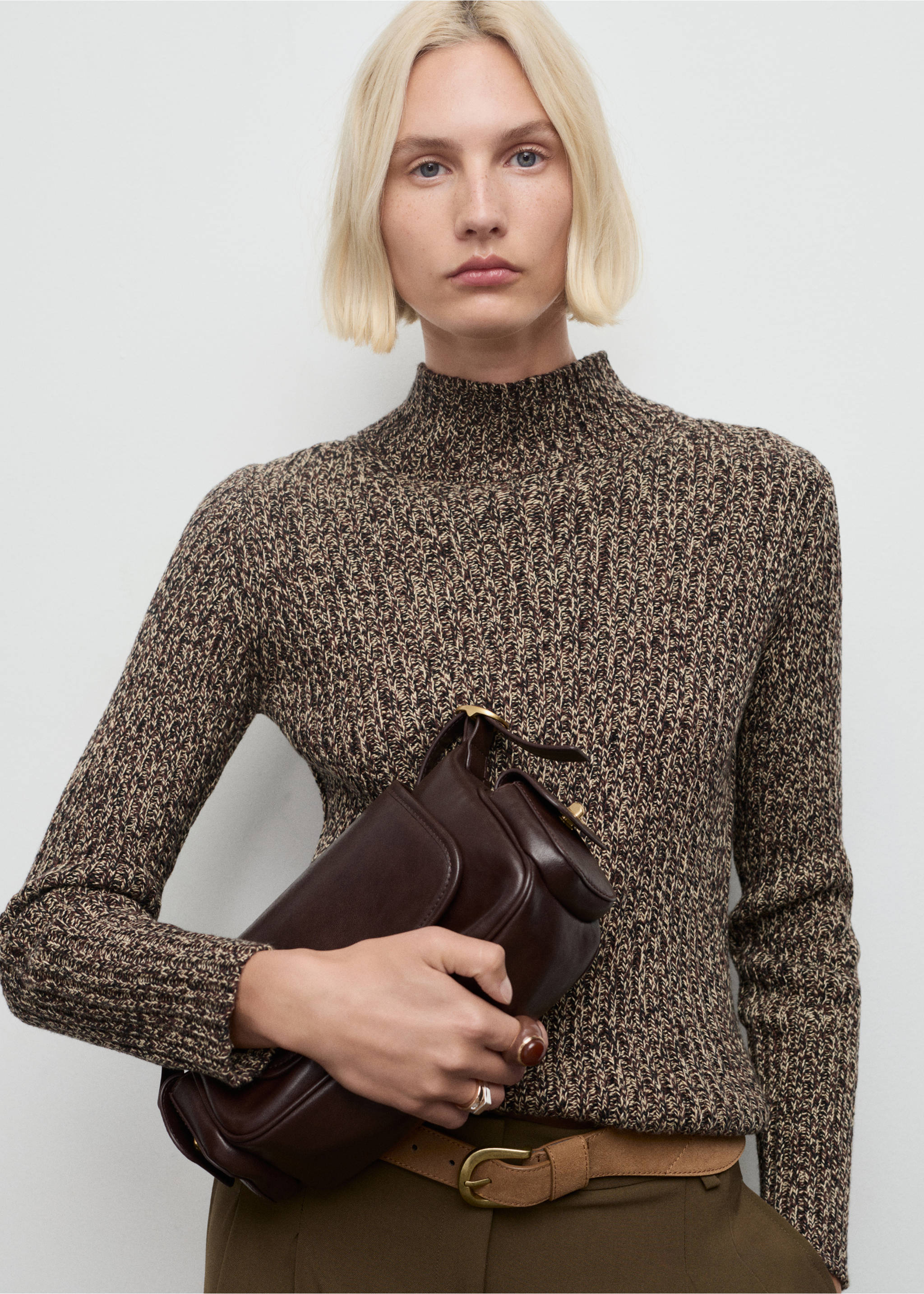 Speckled perkins-neck sweater - Medium plane, Chocolate. Ref: 17007823-00.