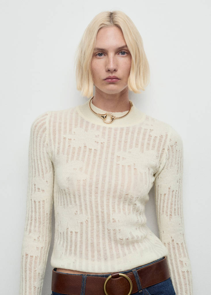 Openwork knitted floral sweater — Ecru