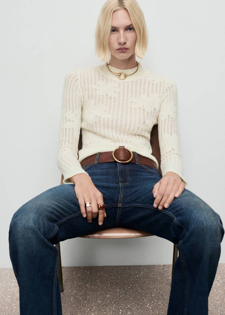 Openwork knitted floral sweater — Ecru