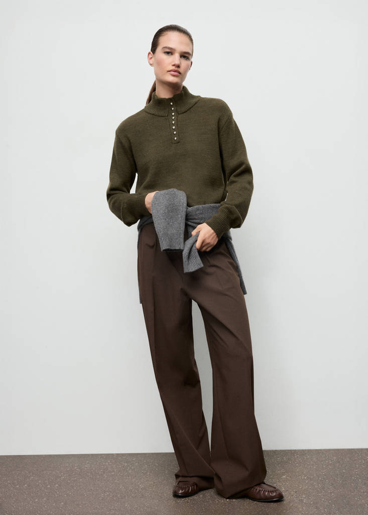 Perkins-neck sweater with button — Khaki