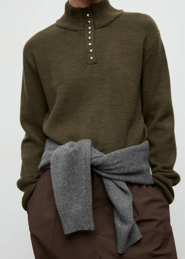 Perkins-neck sweater with button — Khaki