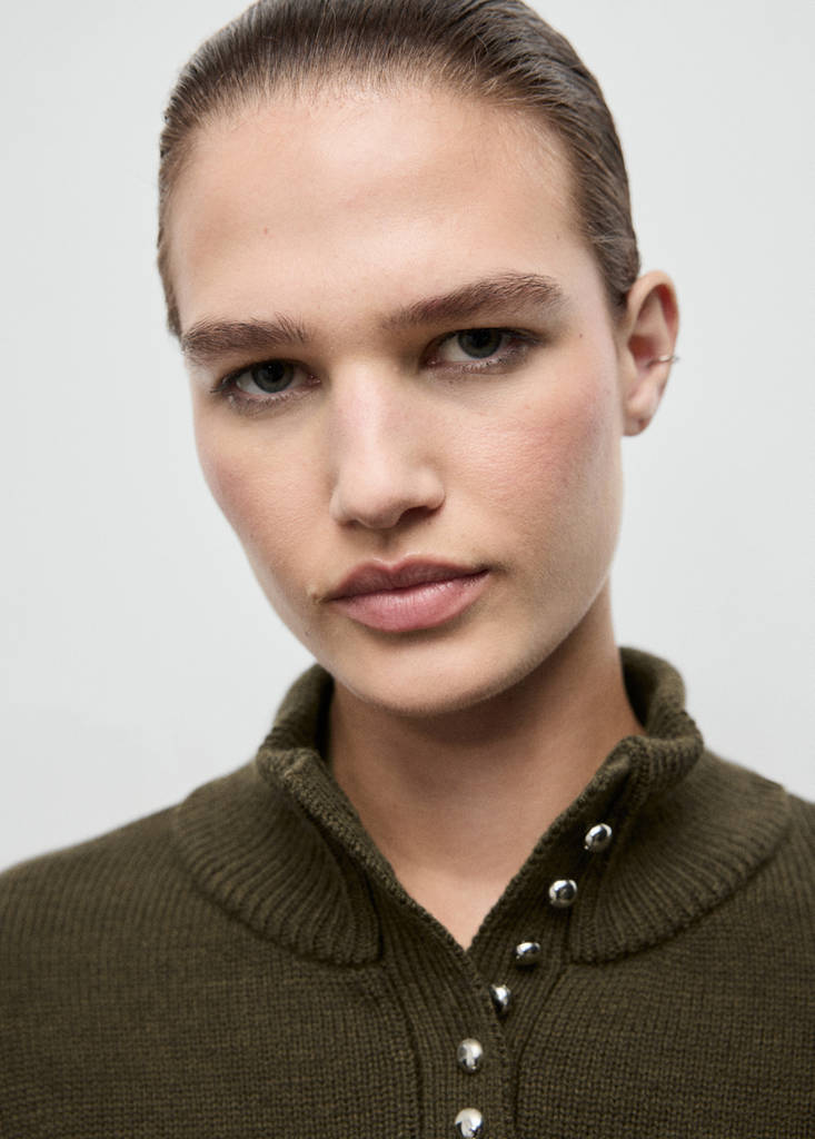Perkins-neck sweater with button — Khaki