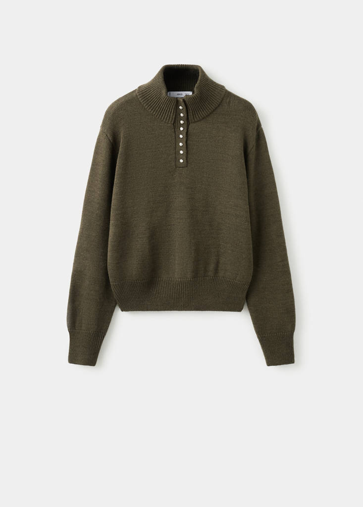 Perkins-neck sweater with button — Khaki