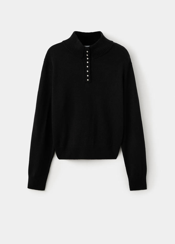 Perkins-neck sweater with button — Black