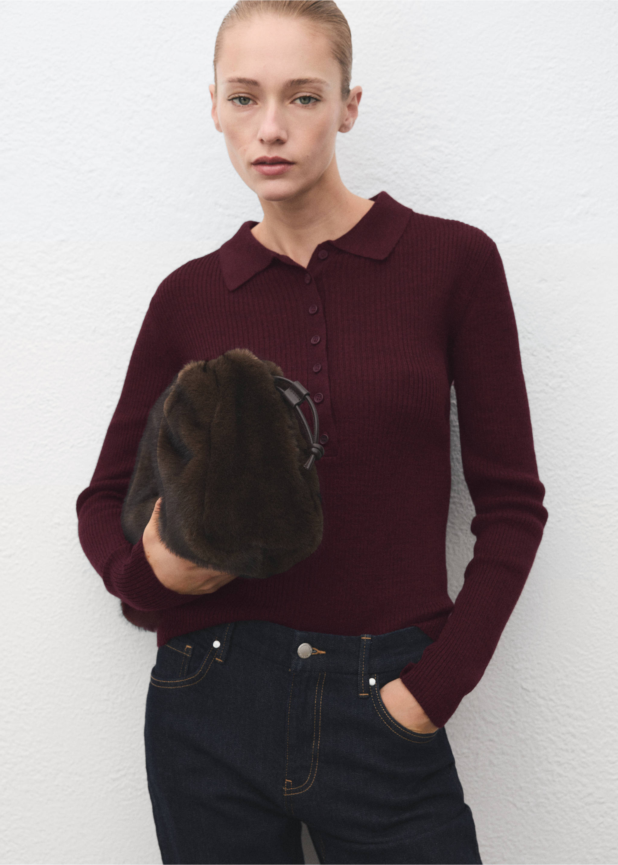 Polo-neck ribbed sweater - Medium plane, Wine. Ref: 17007848-00.