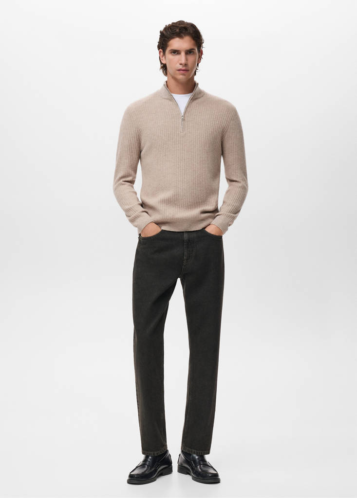 Ribbed sweater with zip neck — Sand