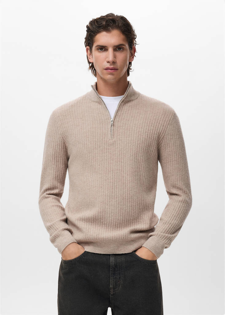 Ribbed sweater with zip neck — Sand