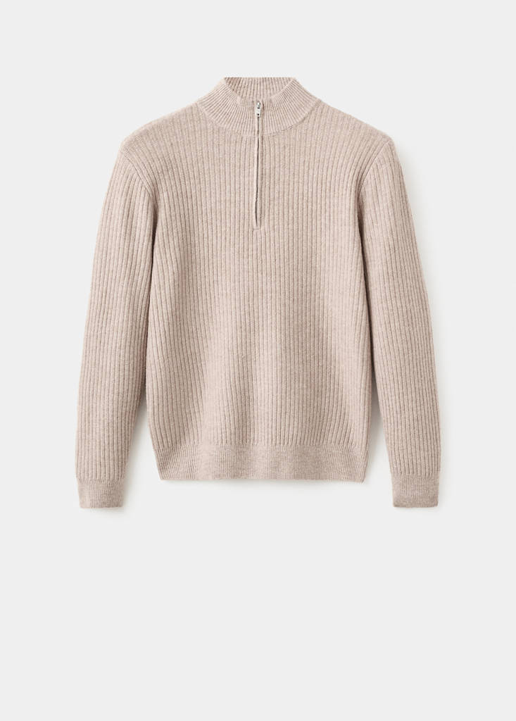 Ribbed sweater with zip neck — Sand