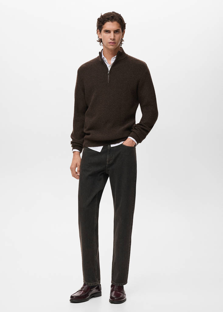 Ribbed sweater with zip neck — Brown