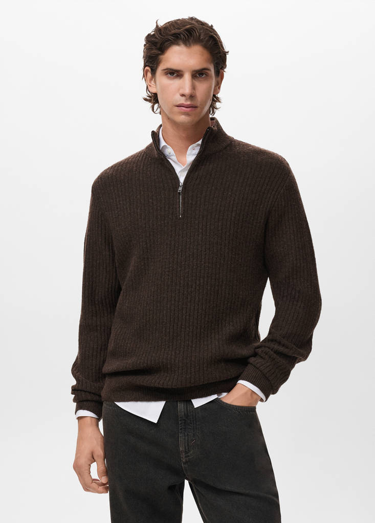 Ribbed sweater with zip neck — Brown