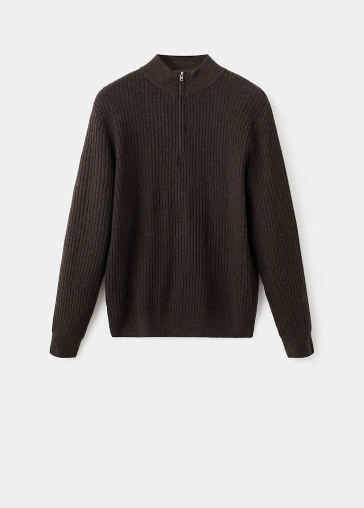Ribbed sweater with zip neck — Brown