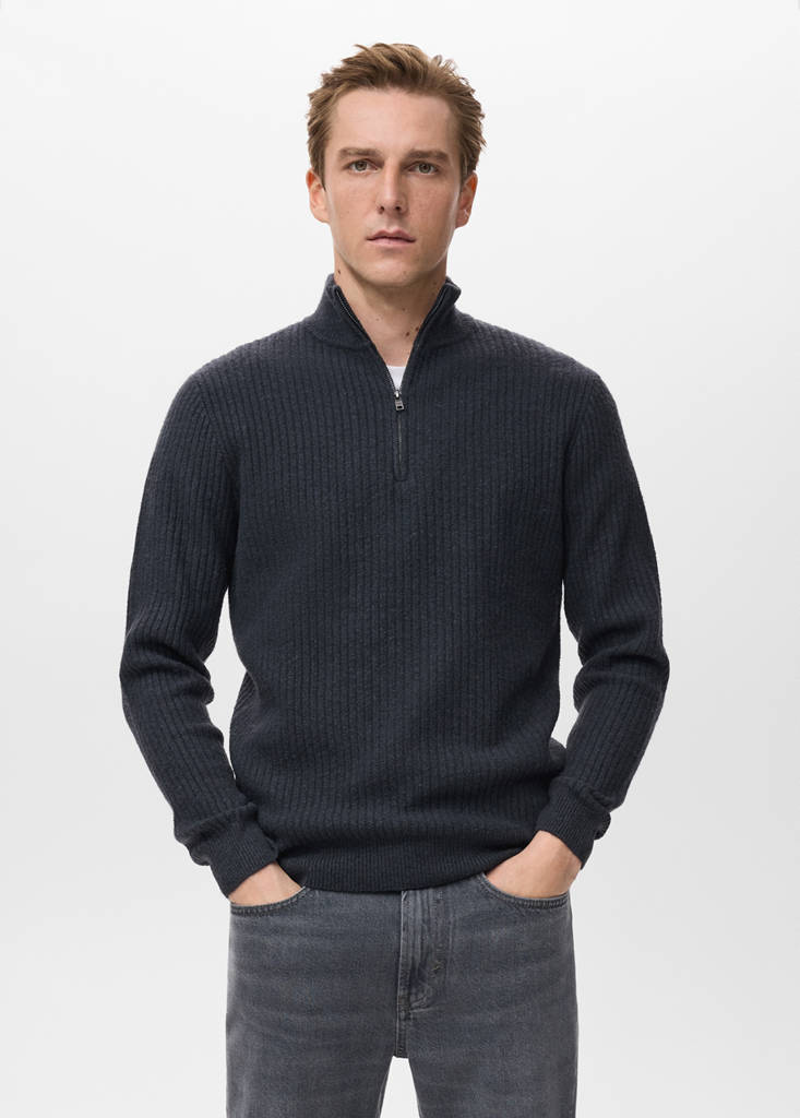 Ribbed sweater with zip neck — Indigo Blue