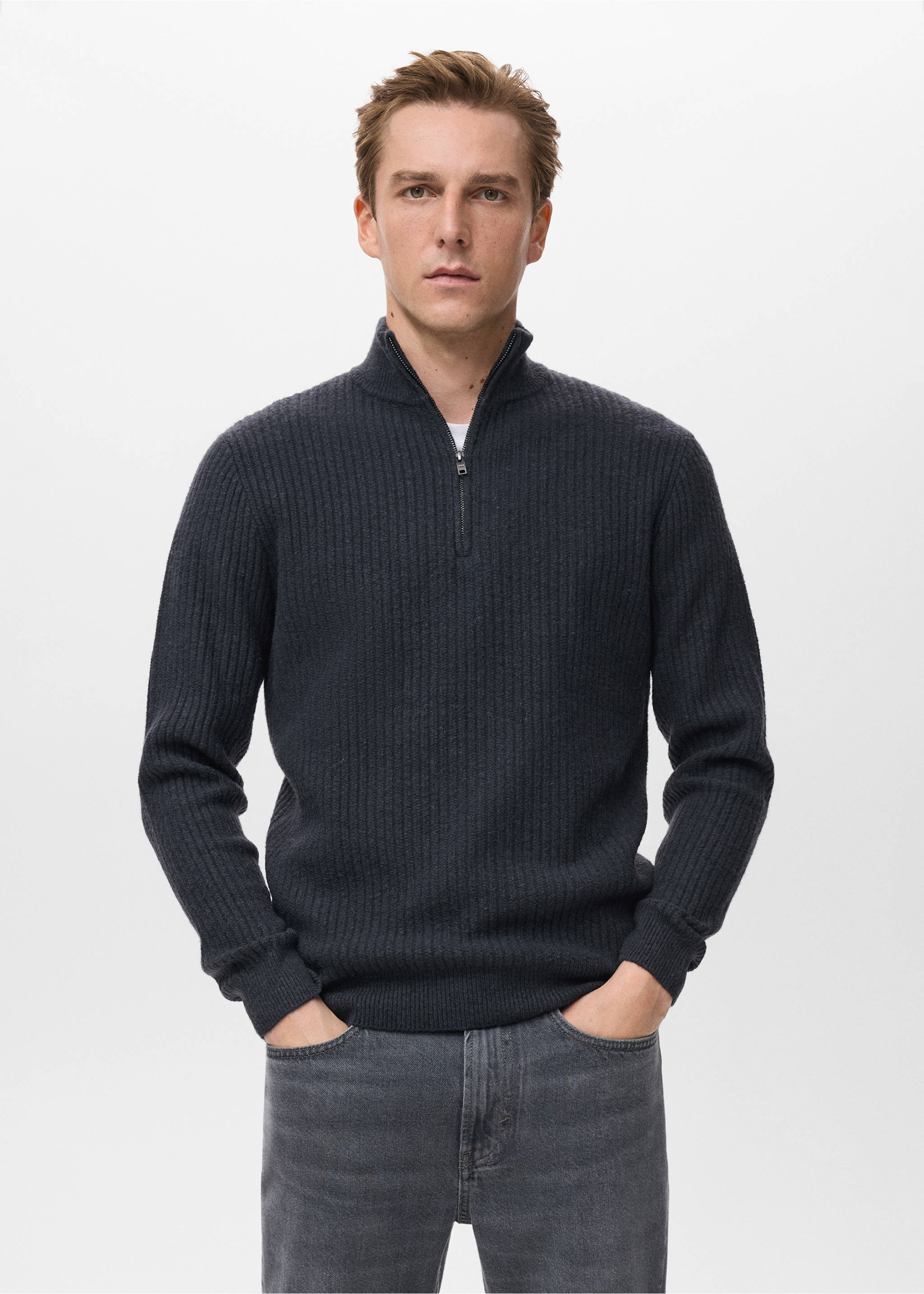 Jersey canalé cuello cremallera - Plano medio, Azul indigo. Ref: 17007899-00.