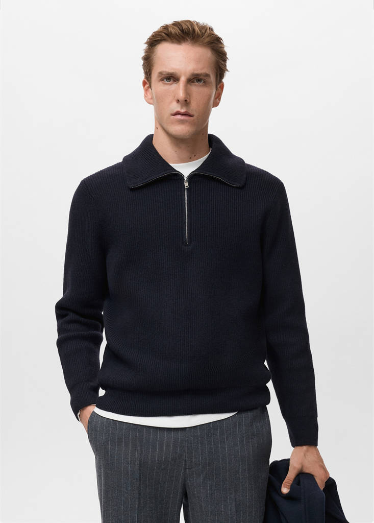 Knitted sweater with zip collar — Navy