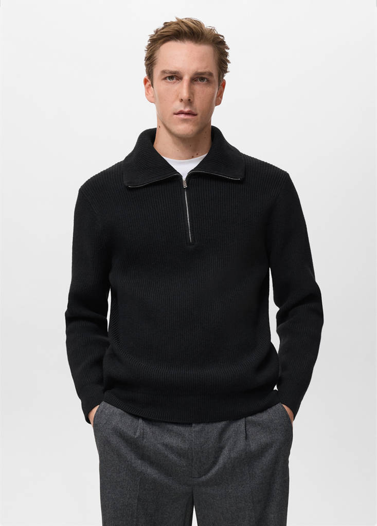 Knitted sweater with zip collar — Black