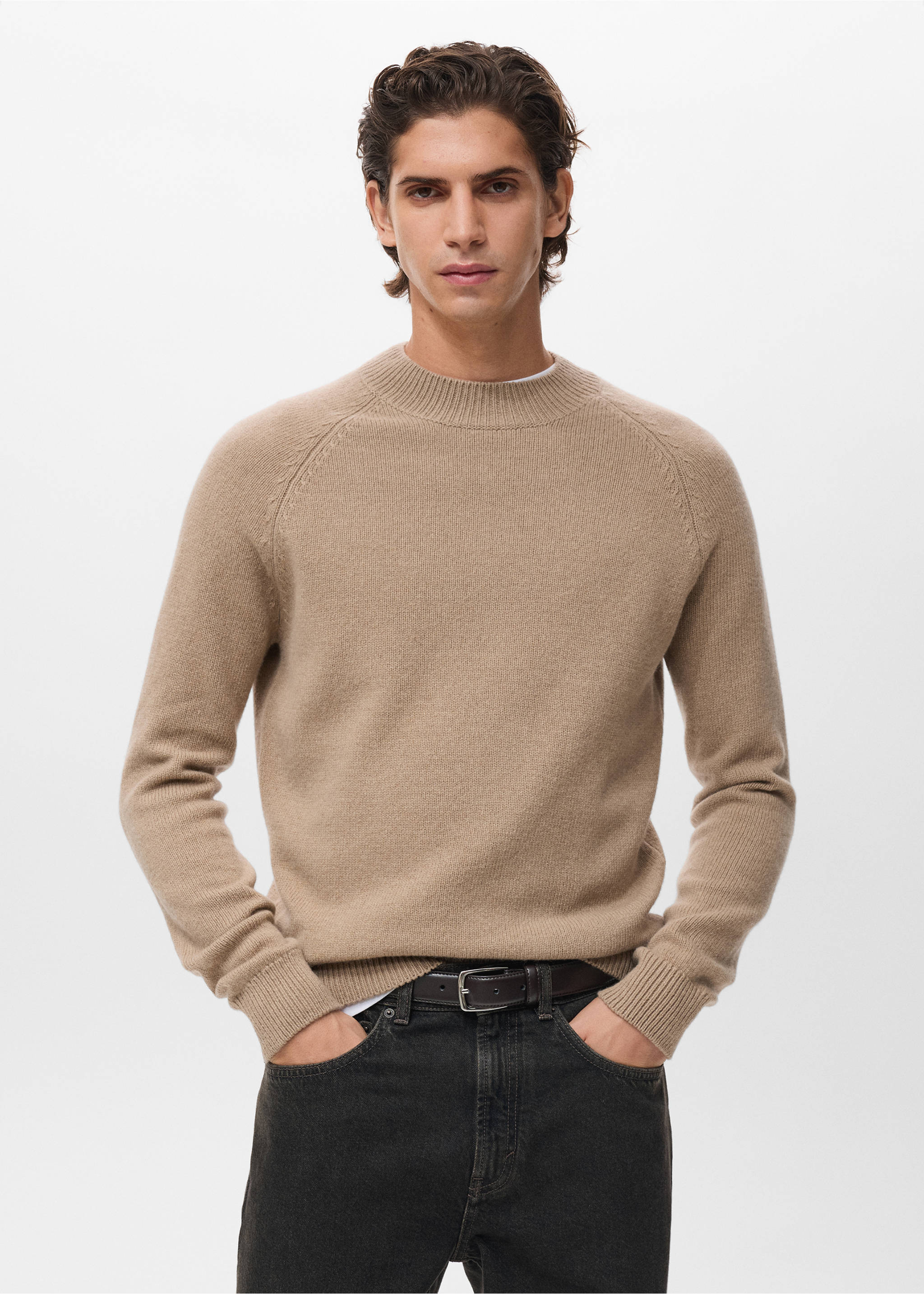 100% Italian wool knitted sweater - Medium plane, Medium Brown. Ref: 17007907-00.