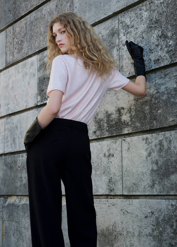 Short-sleeved sequin sweater — Pastel Pink