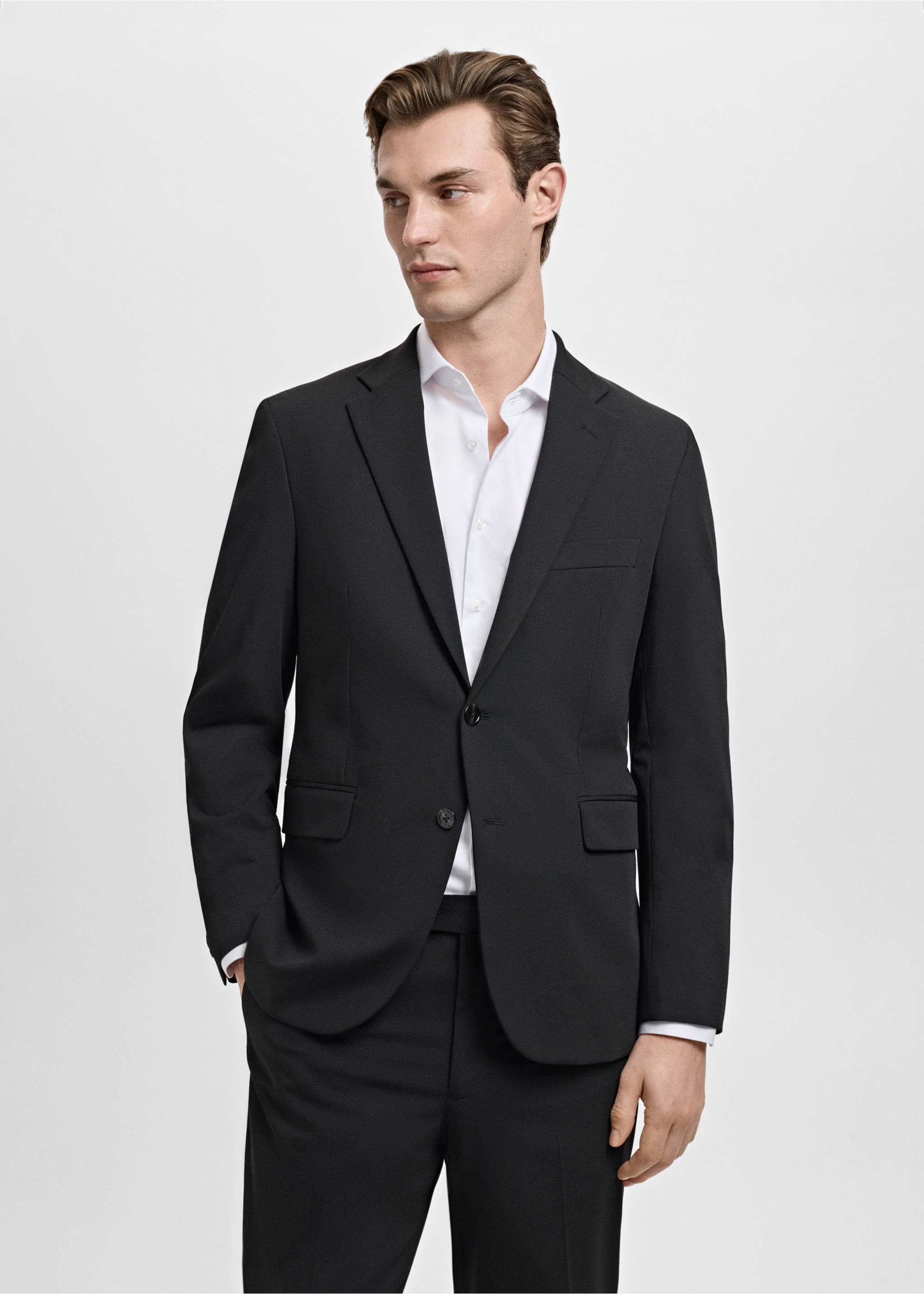 Black suit blazer with notched lapels and two-button fastening., Black. Ref: 17009607-00.