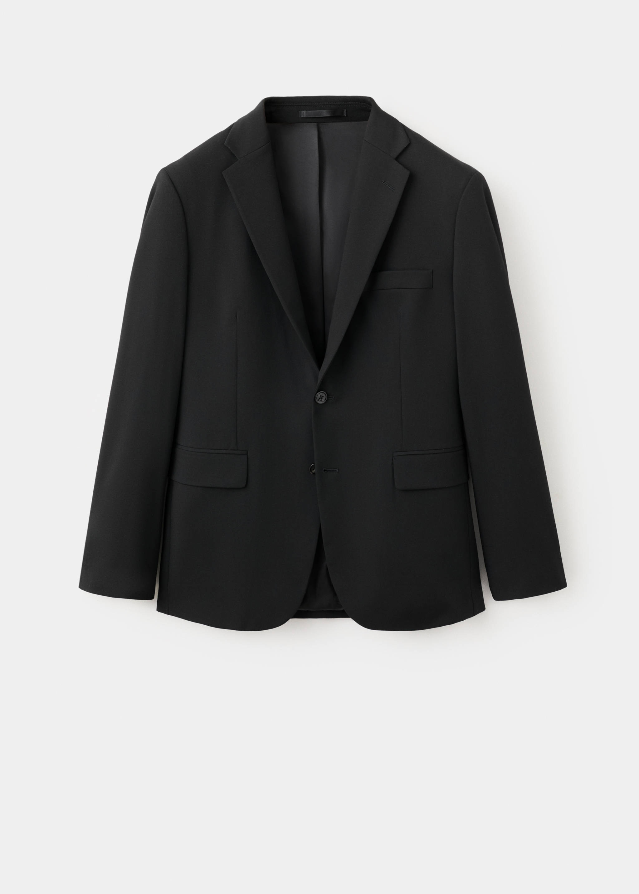 Black single-breasted blazer with notched lapels and flap pockets.