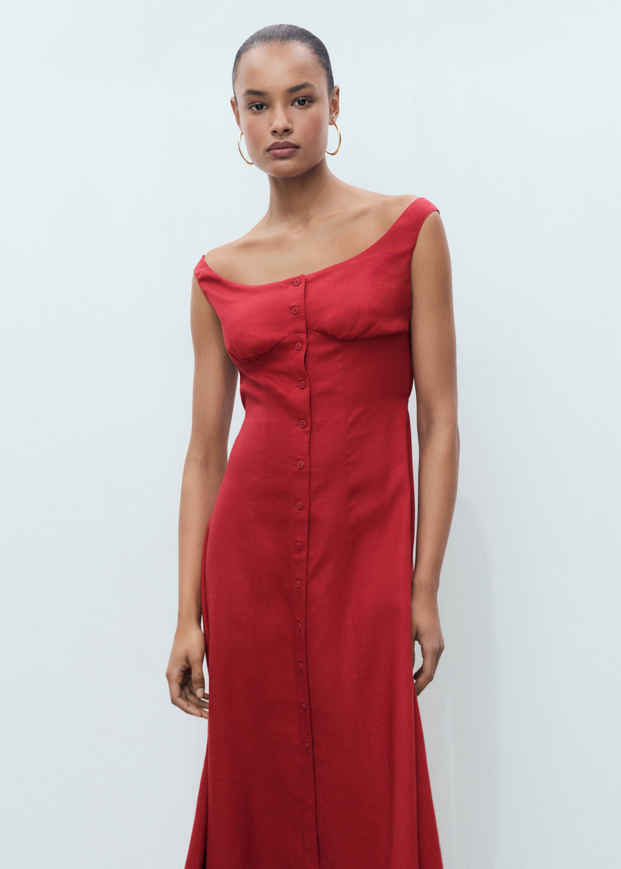 Vestido mezcla lino botones - Plano medio