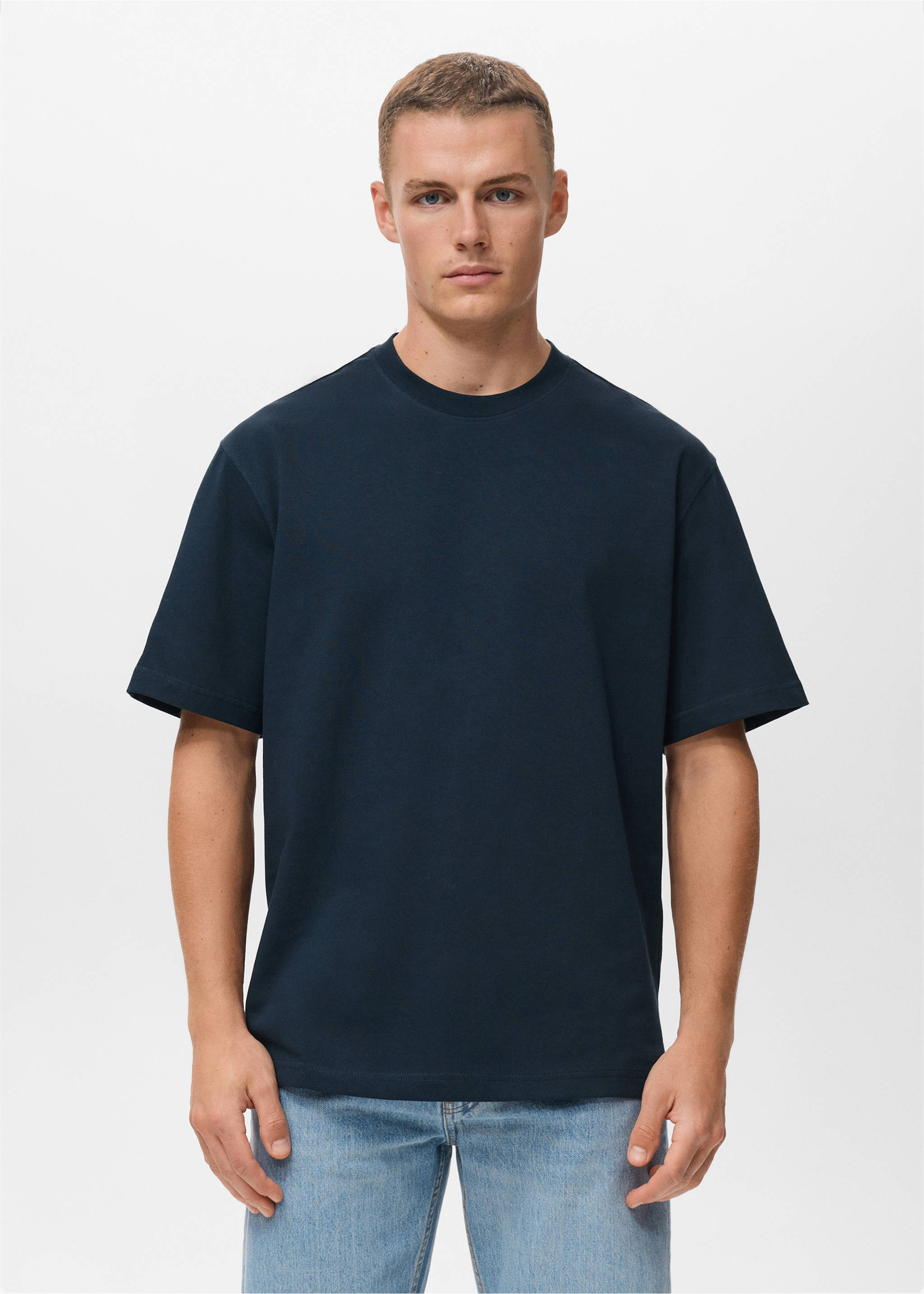 T-shirt 100 % coton relaxed-fit - Plan moyen, Bleu marine foncé. Ref: 17011240-00.