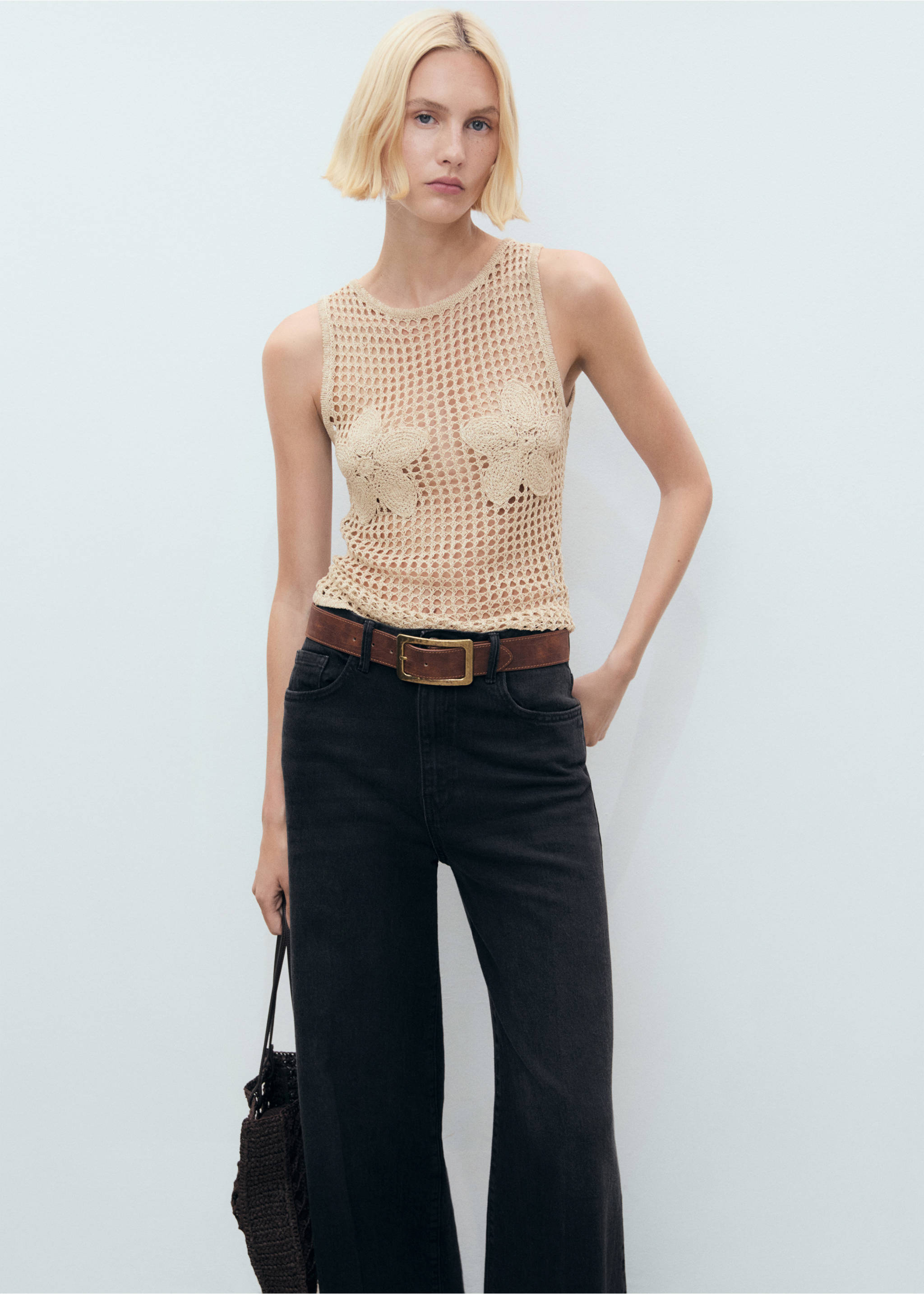 Top crochet bordado flores - Plano medio, Gris claro/pastel. Ref: 17011265-00.