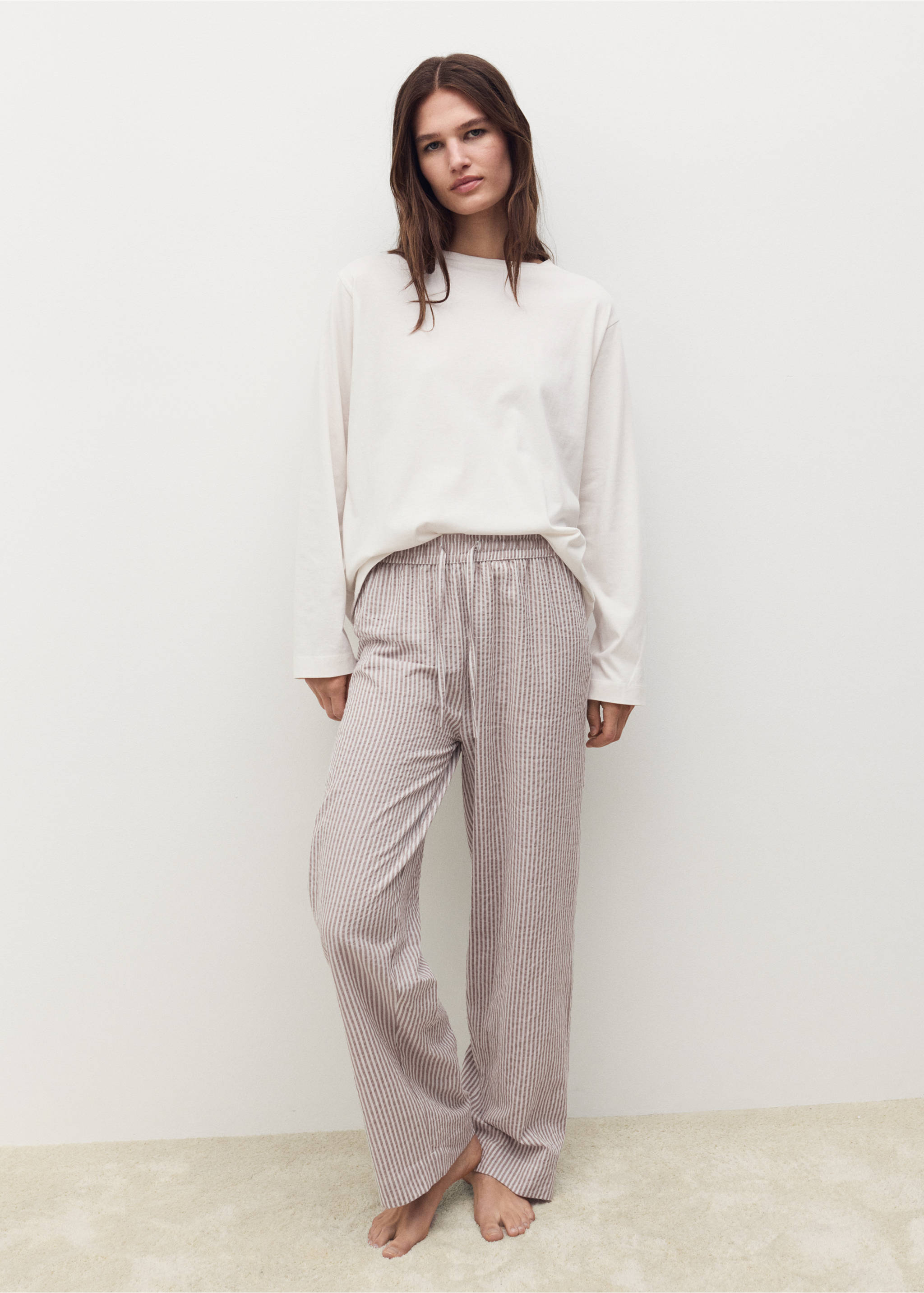 Seersucker striped two-piece pyjamas - General plane, Medium Brown. Ref: 17012905-00.